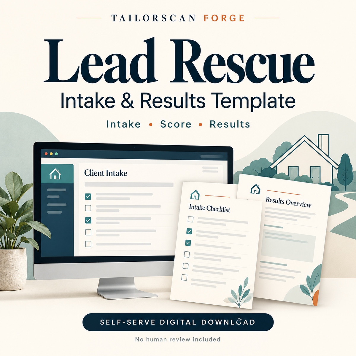 Lead Rescue Intake & Results Template — self-serve digital download; illustrative intake and report mockup, no human review included.