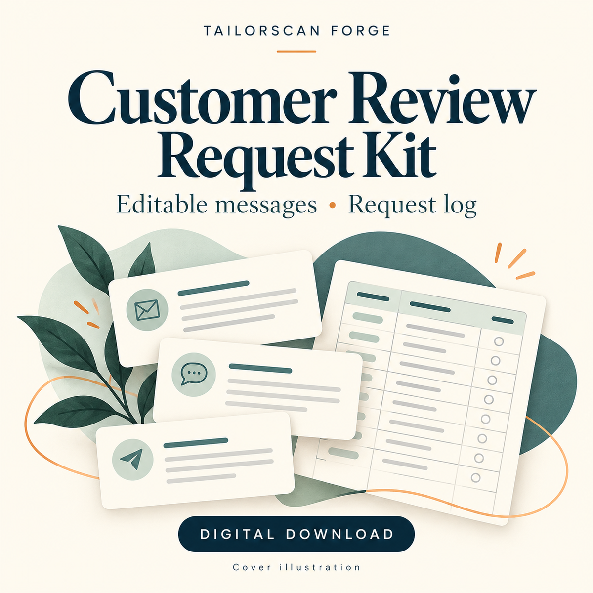Customer Review Request Kit cover illustration: editable messages and a request log. Digital download; not an actual interface screenshot.