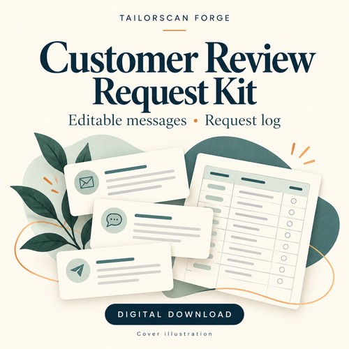 Customer Review Request Kit cover illustration: editable messages and a request log. Digital download; not an actual interface screenshot.